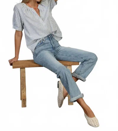 Dylan Marin Cuffed Denim Top In Blue In White