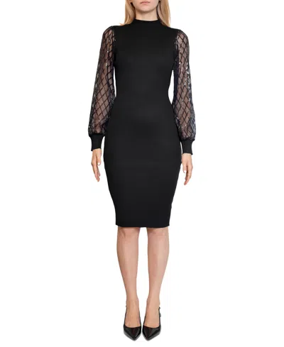 Dylan Ryan Juniors' Sequined-sleeve Funnel-neck Midi Dress In Black