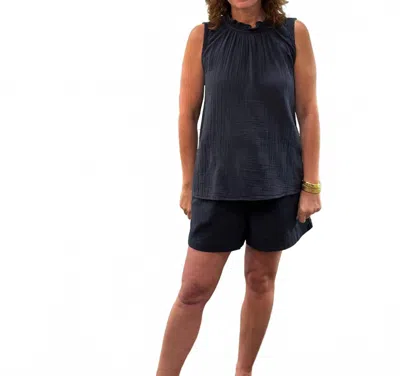 Dylan Women's Gauze Ruffle Neck Sleeveless Top In Soft Black In Blue