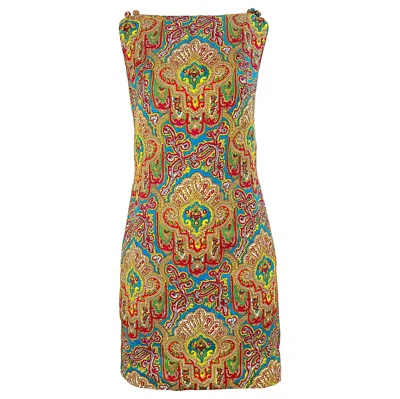 Pre-owned Dynasty 1960s  Paisley Bright Colorful Silk Vintage 60s Sleeveless Shift Dress In Brown