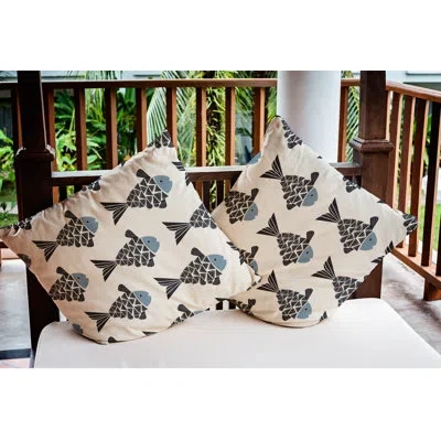 E By Design Fish Tales Pillow Cover & Insert Pan426 In Dusty Smoke