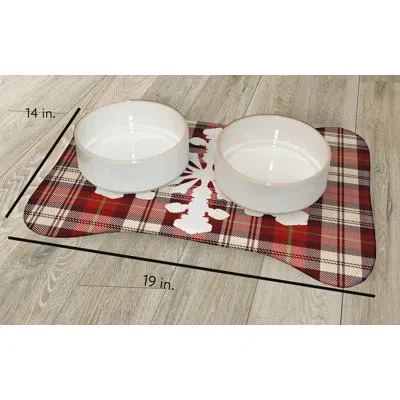E By Design Snow Flake On Plaid Bone Shape Pet Feeding Placemat In Red