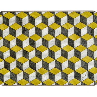 E. Inder Designs Four Large Placemats In Retro Style Geometric Design In Yellow And Greys With Heat Resistant Melamin In Multi