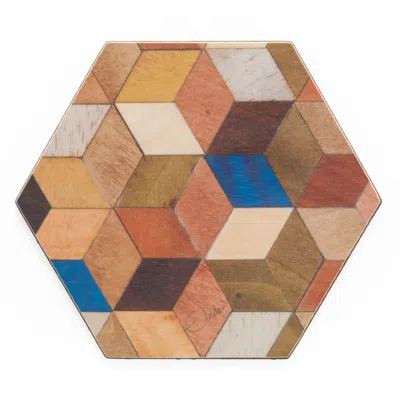 E. Inder Designs Set Of Teapot Stand And Four Hexagonal Coasters In Warm Earthy Shades With A Pop Of Blue. Practical 