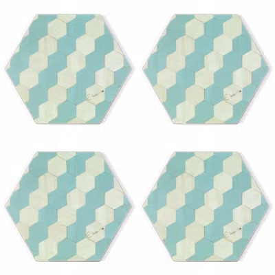 E. Inder Designs Tea Or Coffee Pot Stand And Four Coasters In Light Blue And Grey Mid Century Modern Hexagonal Patter