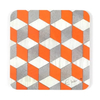 E. Inder Designs White / Yellow / Orange Six Coaster Set In Orange White & Pale Grey Geometric Design.