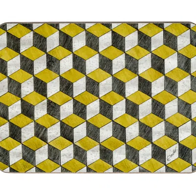 E. Inder Designs Yellow / Grey Six Placemats In Mid Century Modern Yellow And Greys With Heat Resistant Melamine. Tie In Multi