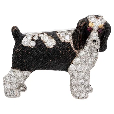 Pre-owned E. Wolfe & Co E. Wolfe 2.51 Carat Brittany Springer Spaniel Diamond Ruby Gold Dog Brooch In Multi