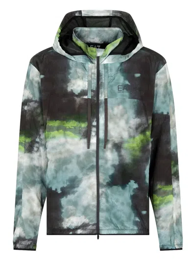 Ea7 Abstract-print Hooded Jacket In Blue