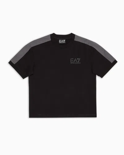 Ea7 Kids' Athletic Colour Block Boy Cotton Crew-neck T-shirt In Black