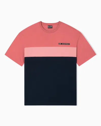 Ea7 Athletic Colour Block Cotton-blend Crew-neck T-shirt In Pink