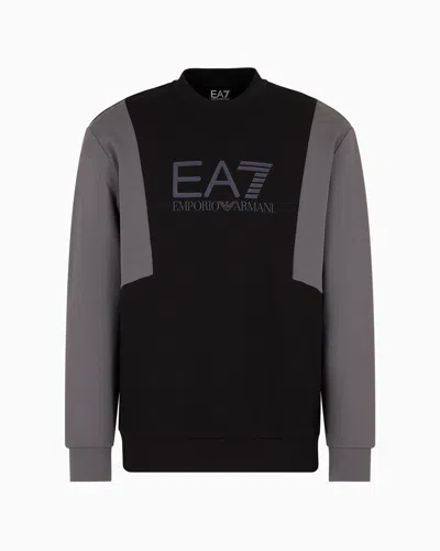 Ea7 Athletic Colour Block Crew-neck Sweatshirt In A Cotton Blend In Black