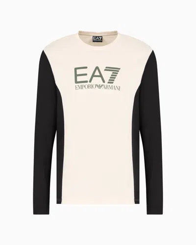 Ea7 Athletic Colour Block Long-sleeved Crew-neck Cotton T-shirt In Beige