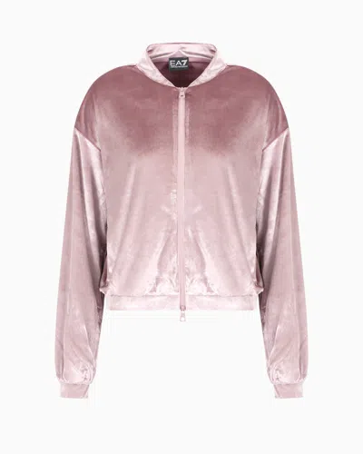 Ea7 Athletic Velour Hooded Sweatshirt In Stretch Technical Fabric In Pink
