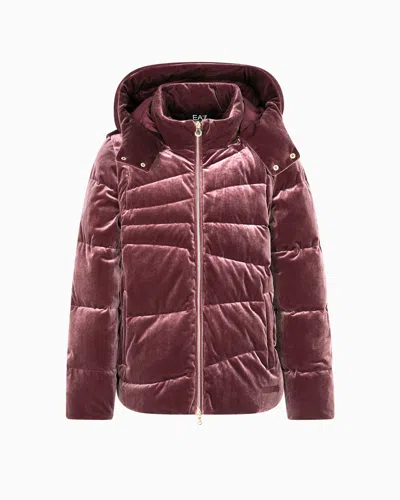 Ea7 Athletic Velour Stretch Velvet Padded Jacket In Burgundy
