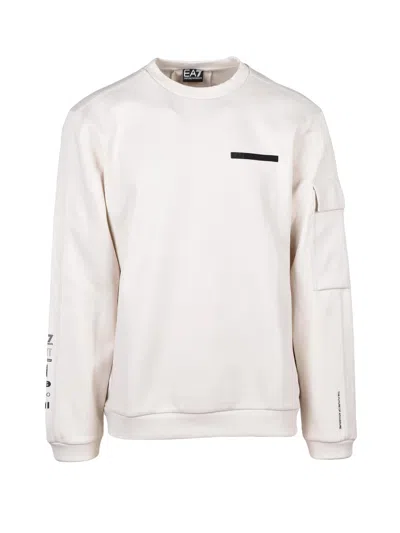 Ea7 Beige Crewneck Cotton-blend Sweatshirt In White