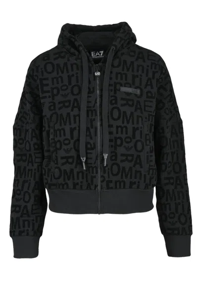 Ea7 Black Cropped Velvet Hoodie