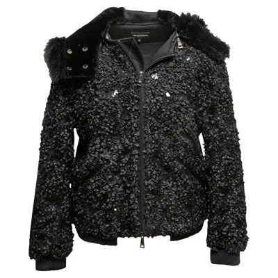 Pre-owned Ea7 Black Emporio Armani Faux Fur-trimmed Hooded Textured Jacket Size It 40