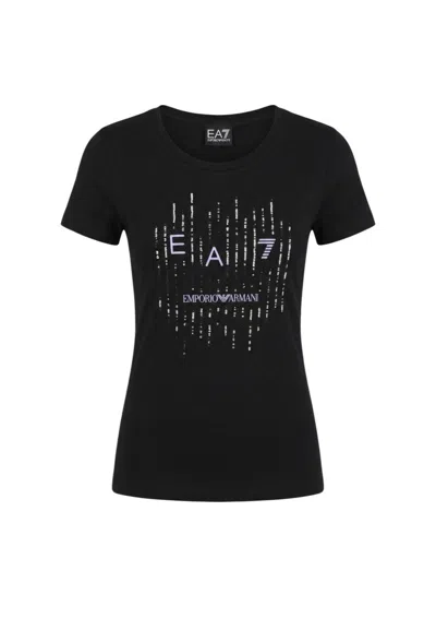 Ea7 Black Graphic Logo Round Neck T-shirt In Animal Print