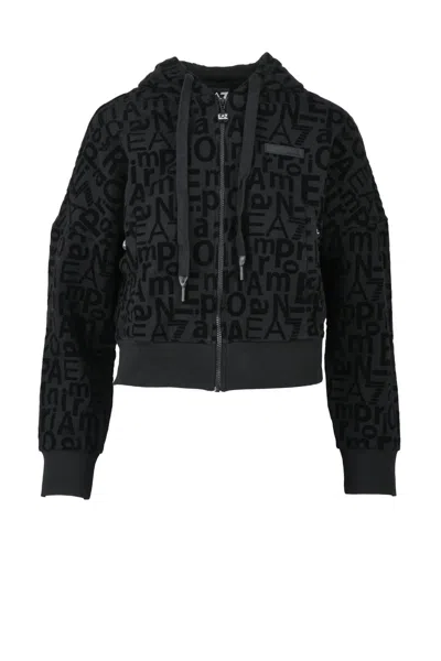Ea7 Black Velvet Hooded Sweatshirt