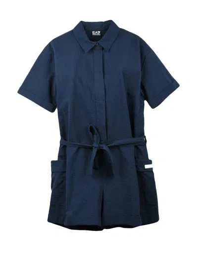 Ea7 Blue Cotton Elastane Stretch Jumpsuit