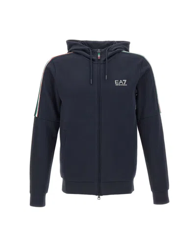 Ea7 Blue Logo Regular Hoodie In Black