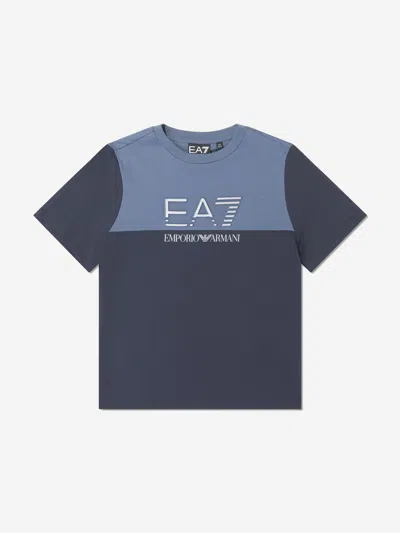 Ea7 Kids' Boys Train Athletic Colourblock T-shirt In Blue