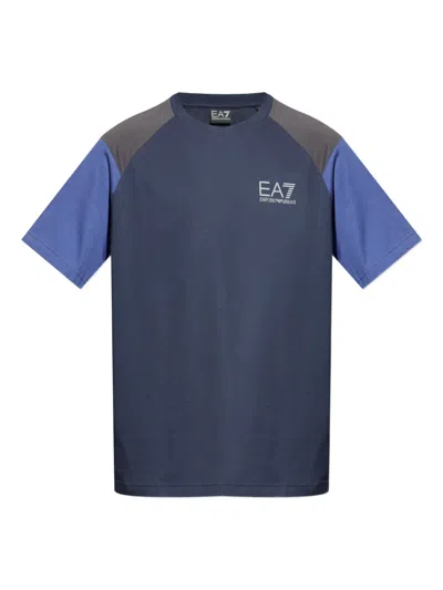 Ea7 Colour-block Raglan-sleeve T-shirt In Blue