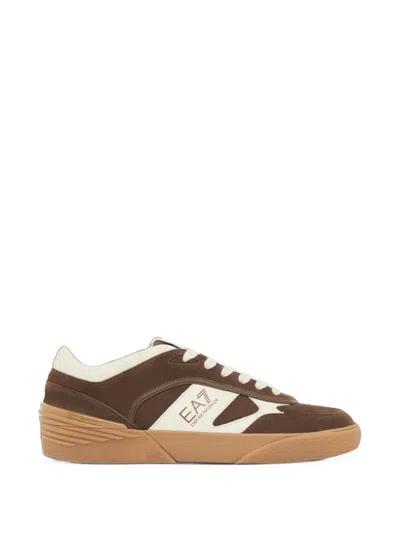 Ea7 Contrasting-panel Leather Sneakers In Brown