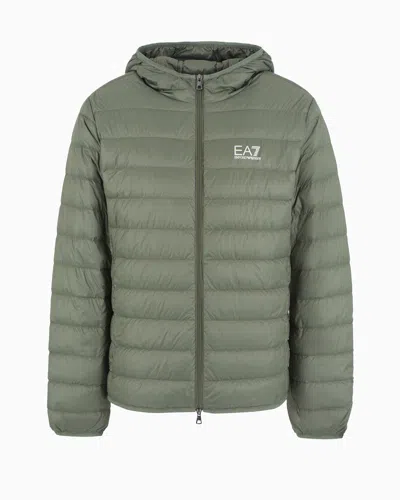 Ea7 Official Store Core Identity Packable Down Jacket With Hood In Verdee Scuro