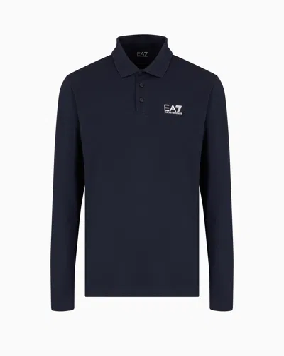 Ea7 Core Identity Stretch-cotton, Long-sleeved Polo Shirt In Blue