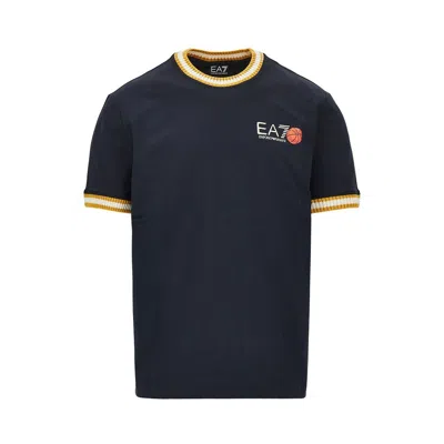 Ea7 Cotton T-shirt With Logo Print In Blue