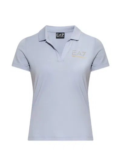 Ea7 Embellished-logo Polo-collar T-shirt In Blue