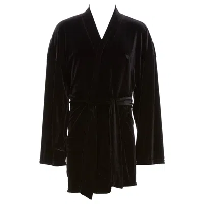 Pre-owned Ea7 Emporio Armani Black Velvet Ga Embroidered Logo Belted Robe Jacket M