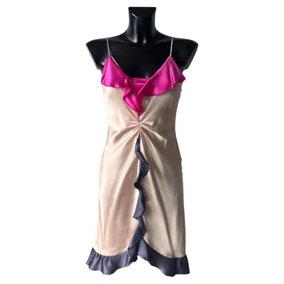 Pre-owned Ea7 Emporio Armani Champagne Silk Slip Dress With Fuchsia Ruffles, 2000s In Brown