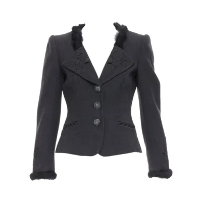 Pre-owned Ea7 Emporio Armani Grey Virgin Wool Fur Trim Totem Applique Crop Blazer It42 M In Gray