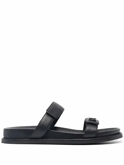 Ea7 Emporio Armani Leather Flat Sandals In Black