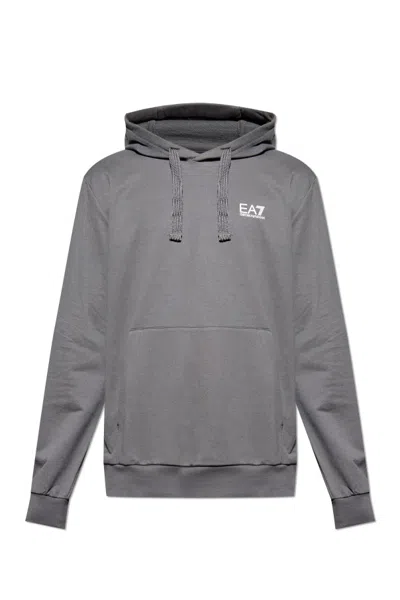 Ea7 Emporio Armani Logo Printed Drawstring Hoodie In Gray