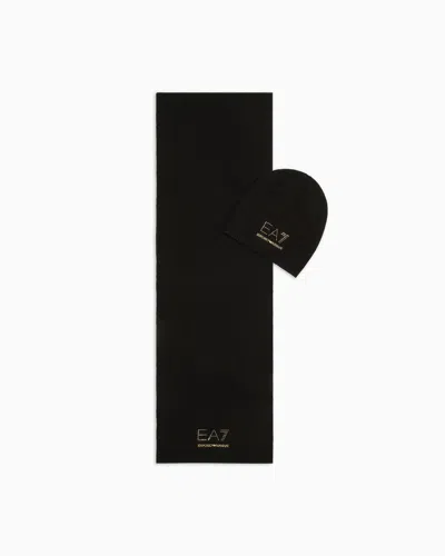Ea7 Evolution Beanie And Scarf Set With Studded Logo In Black