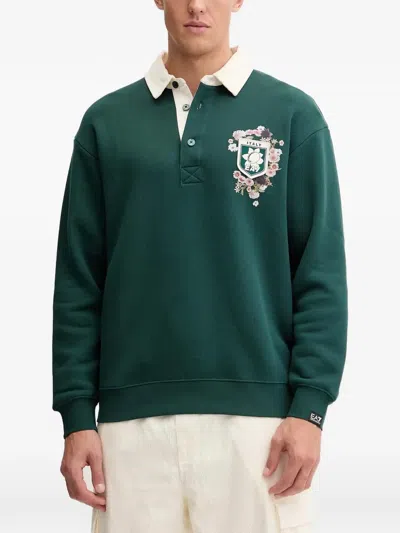 Ea7 Floral-print Elbow-patch Polo Shirt In Green