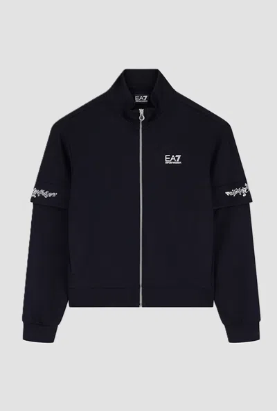 Ea7 Full Zip Sweatshirt With Rhinestone Details On Women's Sleeves Black In Blue