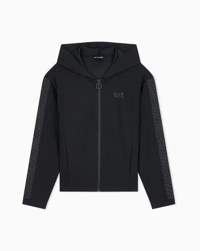 Ea7 Full-zip Hoodie Logo Series In Stretch Cotton And Modal In Black