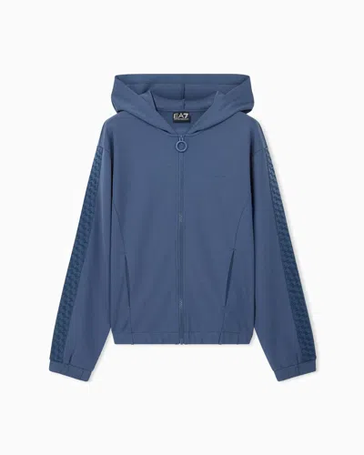 Ea7 Full-zip Hoodie Logo Series In Stretch Cotton And Modal In Blue