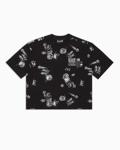 Ea7 Kids' Graphic Series Boy Cotton Jersey T-shirt In Black