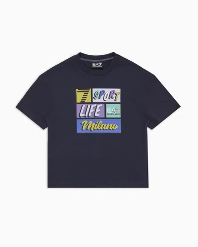Ea7 Kids' Graphic Series Boy Cotton Jersey T-shirt With Print In Navy Blue
