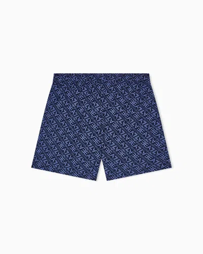 Ea7 Graphic Series Boy Swim Trunks With Monogram Print In Blue