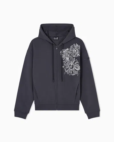 Ea7 Graphic Series Cotton-blend Hooded Sweatshirt With Floral Print In Grey