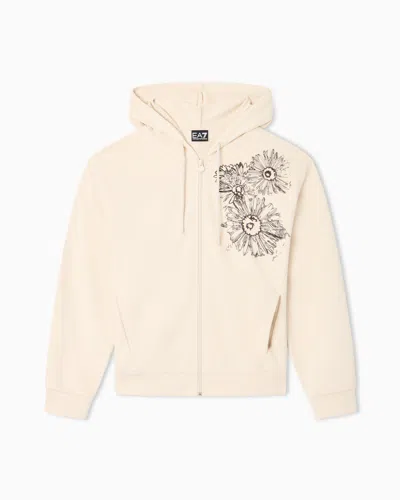 Ea7 Graphic Series Cotton-blend Hooded Sweatshirt With Floral Print In Sand