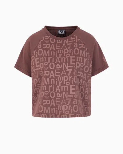 Ea7 Graphic Series Stretch-cotton Cropped T-shirt With All-over Print In Brown
