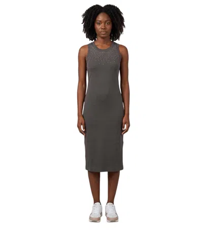 Ea7 Grey Embellished Round Neck Midi Dress In Gray